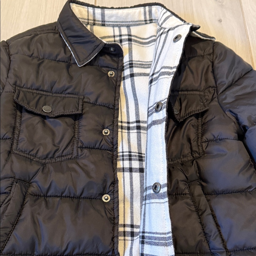 IKKS brand Kids Reversible Black Puffer Jacket, interior soft cream plaid, size - Picture 2 of 8
